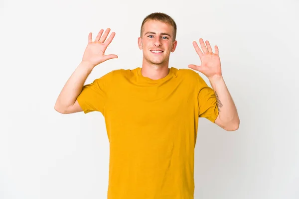Young Caucasian Handsome Man Showing Number Ten Hands — Stock Photo, Image