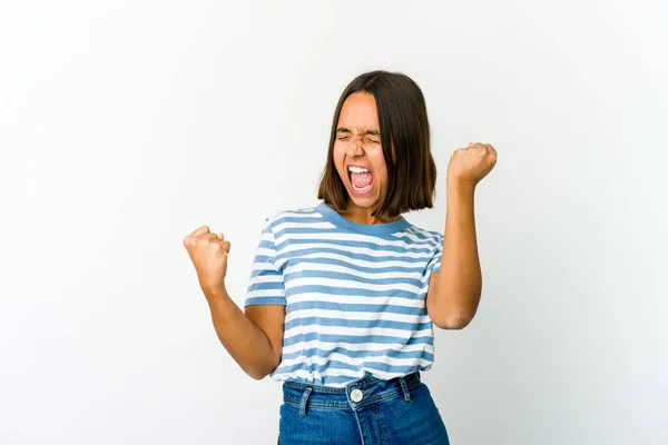 Jonge Gemengde Ras Vrouw Opvoeden Vuist Een Overwinning Winnaar Concept — Stockfoto