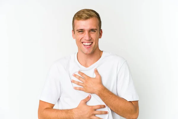 Young Caucasian Handsome Man Laughs Happily Has Fun Keeping Hands — Stock Photo, Image