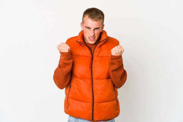 Young Caucasian Handsome Man Upset Screaming Tense Hands — Stock Photo, Image