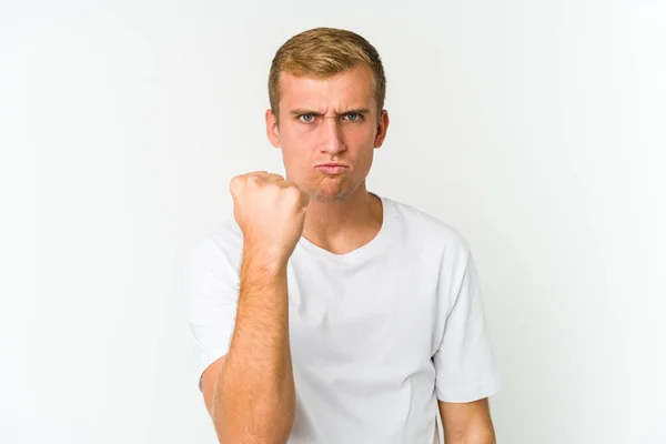 Young Caucasian Handsome Man Showing Fist Camera Aggressive Facial Expression — Stock Photo, Image