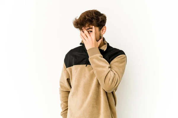 Young Arab Man White Background Blink Camera Fingers Embarrassed Covering — Stok Foto