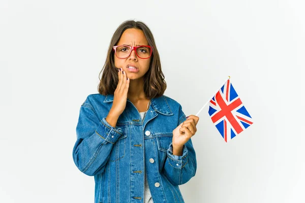 여성은 통증이 배경에 영어로 깃발을 — 스톡 사진