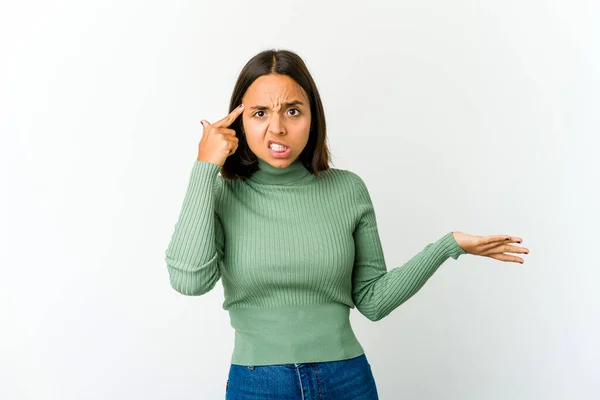 Jonge Gemengde Ras Vrouw Tonen Een Teleurstelling Gebaar Met Wijsvinger — Stockfoto