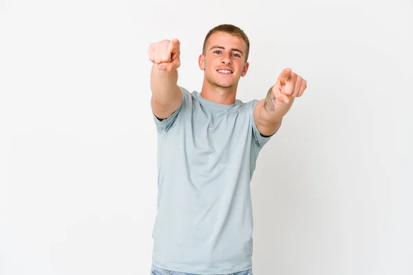 Young Caucasian Handsome Man Cheerful Smiles Pointing Front — Stock Photo, Image