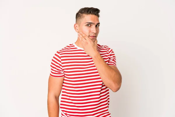Young Caucasian Handsome Man Isolated Touching Back Head Thinking Making — Stock Photo, Image