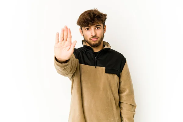 Young Arab Man White Background Standing Outstretched Hand Showing Stop — Stock Fotó