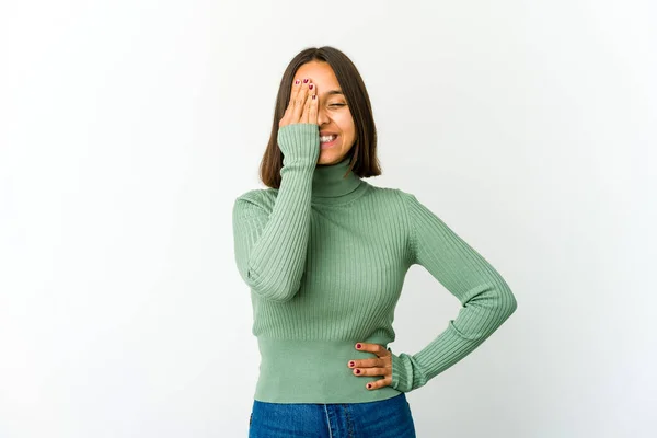 Young Mixed Race Woman Having Fun Covering Half Face Palm — Stock Photo, Image