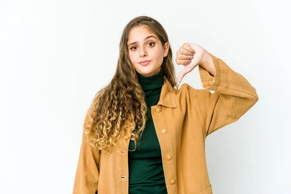 Young Caucasian Woman Showing Dislike Gesture Thumbs Disagreement Concept — Stock Photo, Image