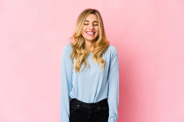 Young Caucasian Blonde Woman Showing Strength Gesture Arms Symbol Power — Stock Photo, Image