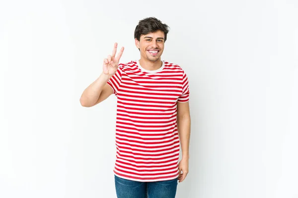 Young Cool Man Joyful Carefree Showing Peace Symbol Fingers — Stock Photo, Image