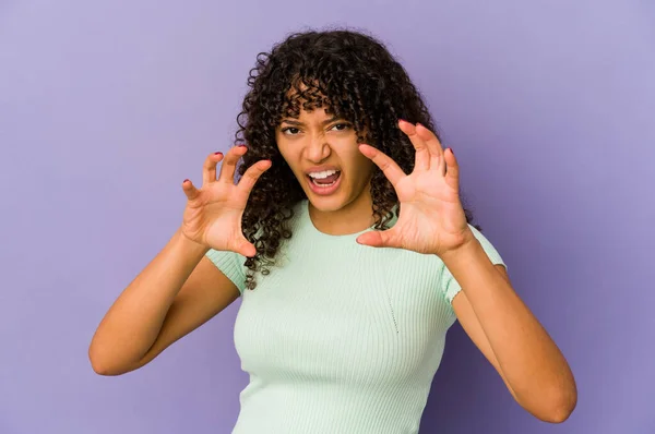Young African American Afro Woman Isolated Showing Claws Imitating Cat — Stock Photo, Image