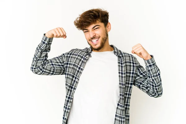 Young Arab Man White Background Raising Fist Victory Winner Concept — Stock Fotó