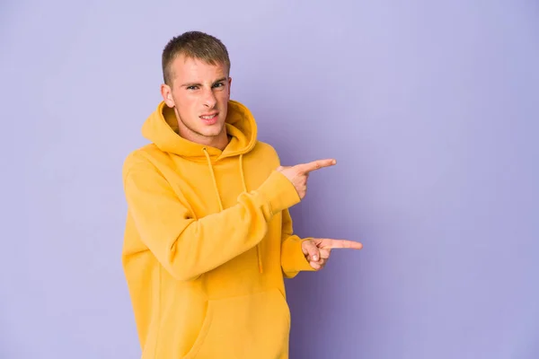 Young Caucasian Handsome Man Pointing Forefingers Copy Space Expressing Excitement — Stock Photo, Image