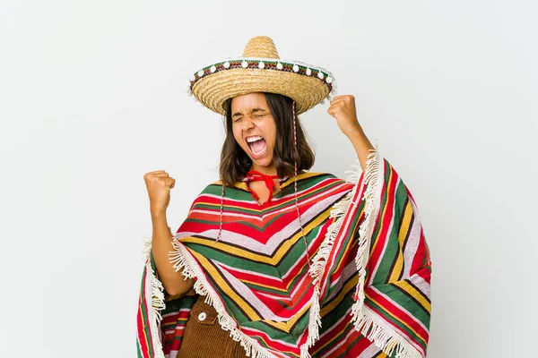 Young Mexican Woman Isolated White Background Raising Fist Victory Winner — Zdjęcie stockowe