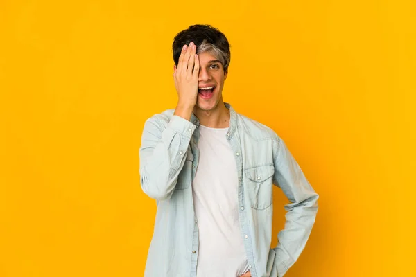 Young Skinny Hispanic Man Having Fun Covering Half Face Palm — Stock Photo, Image