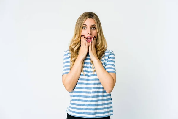 Young Caucasian Blonde Woman Shocked Covering Mouth Hands Anxious Discover — Stock Photo, Image