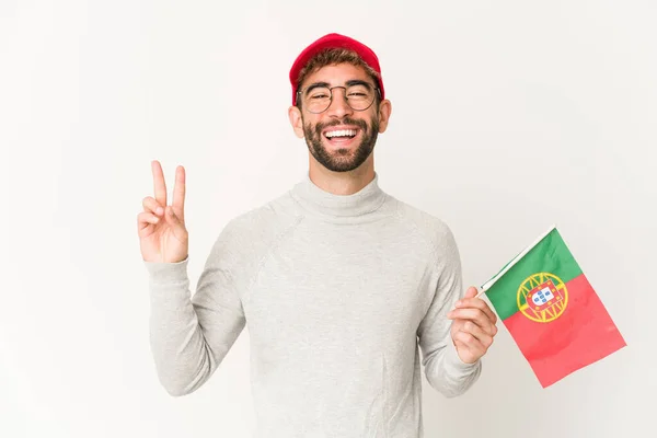 Ung Latinamerikansk Blandras Kvinna Som Håller Portugal Flagga Glad Och — Stockfoto