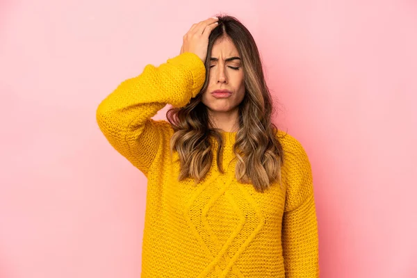 Young Caucasian Woman Isolated Tired Very Sleepy Keeping Hand Head — Stock Photo, Image