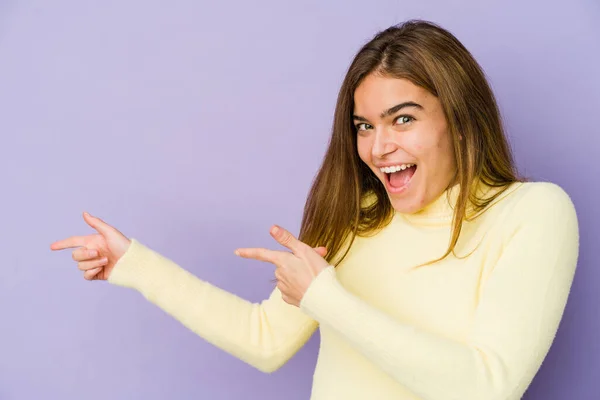 Young Skinny Caucasian Girl Teenager Purple Background Excited Pointing Forefingers — Stock Photo, Image