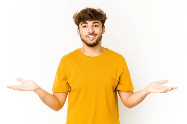 Young Arab Man White Background Makes Scale Arms Feels Happy — Stock Photo, Image