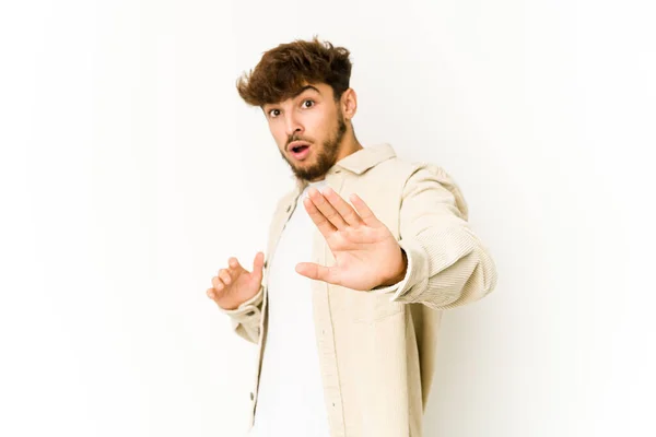 Young Arab Man White Background Being Shocked Due Imminent Danger — Stock Fotó