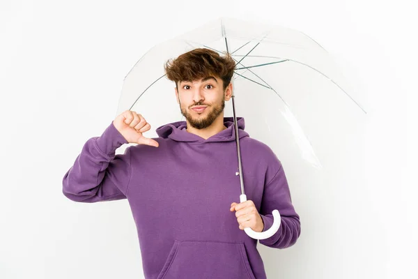 Young Arab Man Holding Umbrella Feels Proud Self Confident Example — Foto Stock