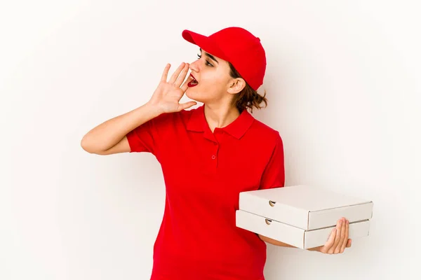 Joven Flaco Árabe Pizza Entrega Chica Tratando Escuchar Chisme —  Fotos de Stock