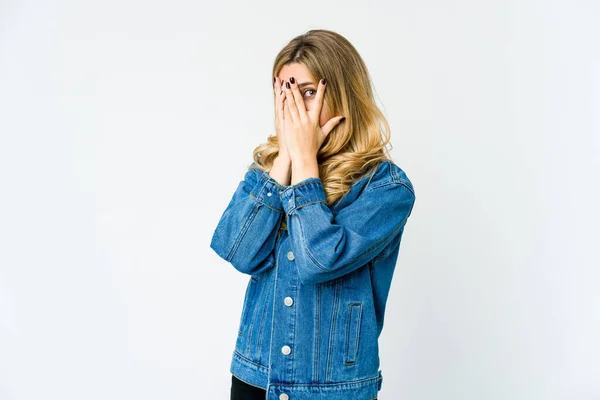 Young Caucasian Blonde Woman Blink Fingers Frightened Nervous — Stock Photo, Image