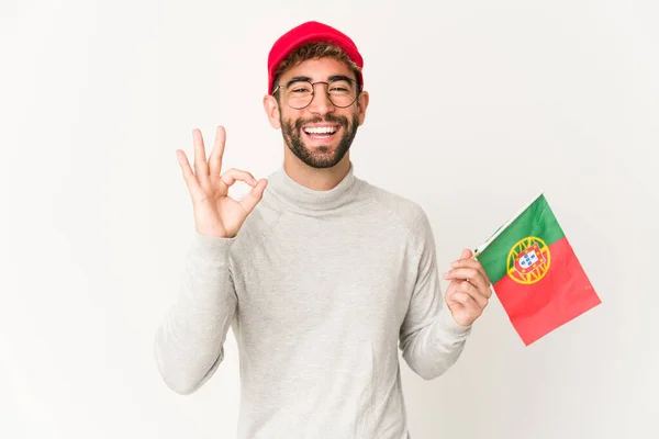 Ung Latinamerikansk Blandras Kvinna Som Håller Portugal Flagga Glad Och — Stockfoto