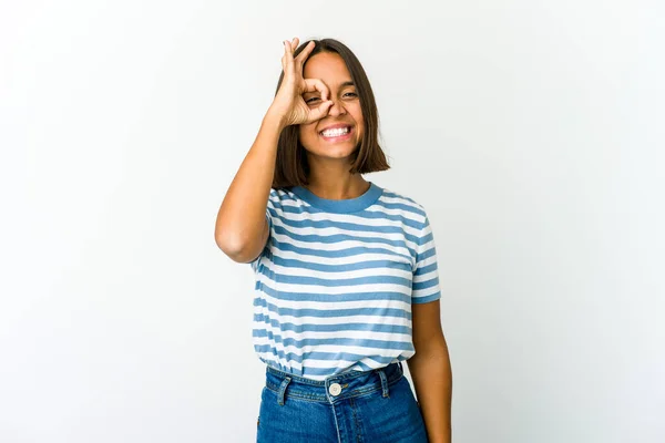 Young Mixed Race Woman Excited Keeping Gesture Eye — Stock Photo, Image