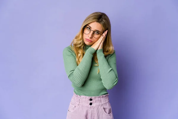 Young Caucasian Blonde Woman Yawning Showing Tired Gesture Covering Mouth — Stock Photo, Image