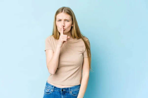 Young Blonde Woman Isolated Blue Background Keeping Secret Asking Silence — Stock Photo, Image