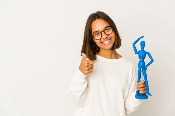 Jong Hispanic Gemengd Ras Vrouw Met Een Houten Pop Glimlachen — Stockfoto