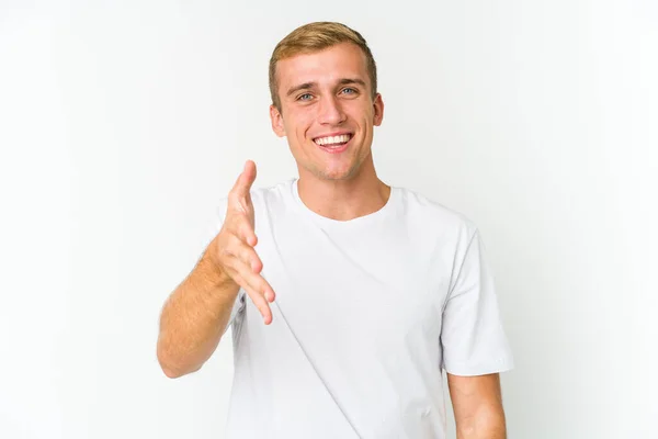 Jeune Homme Beau Caucasien Étirant Main Caméra Dans Geste Salutation — Photo