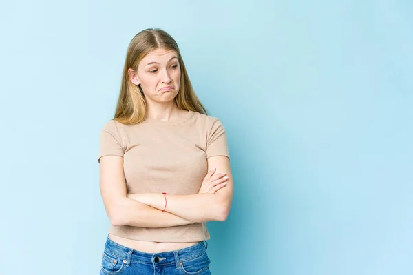 Young Blonde Woman Isolated Blue Background Tired Repetitive Task — Stock Photo, Image