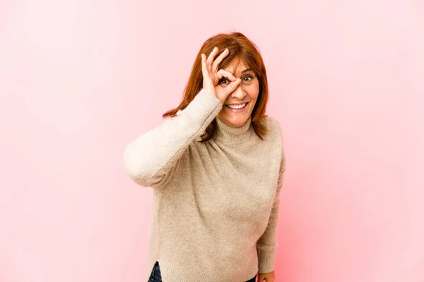 Senior Caucasian Woman Isolated Excited Keeping Gesture Eye — Stock Photo, Image