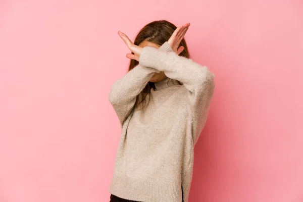 Young Skinny Caucasian Teenager Girl Keeping Two Arms Crossed Denial — Stock Photo, Image