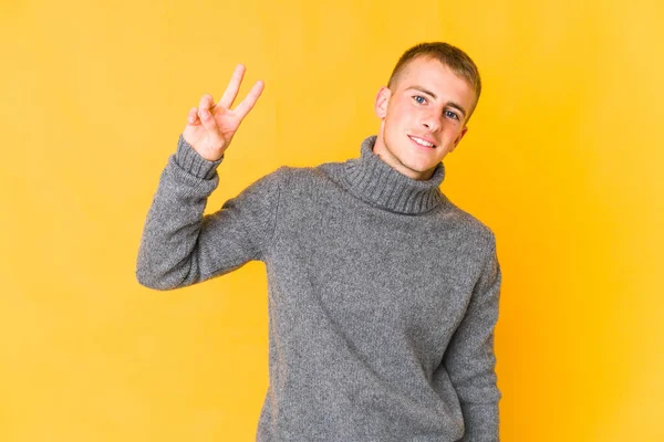 Young Caucasian Handsome Man Joyful Carefree Showing Peace Symbol Fingers — Stock Photo, Image
