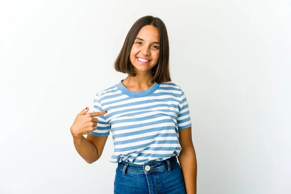 Young Mixed Race Woman Person Pointing Hand Shirt Copy Space — Stock Photo, Image