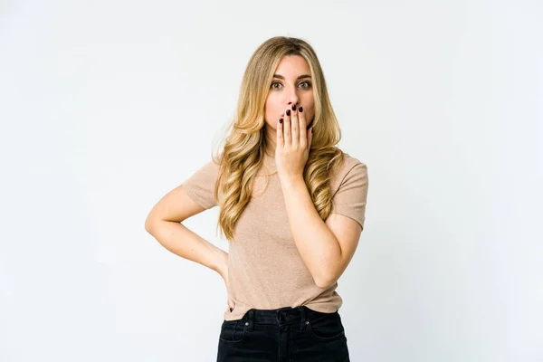 Young Caucasian Blonde Woman Shocked Covering Mouth Hands Anxious Discover — Stock Photo, Image