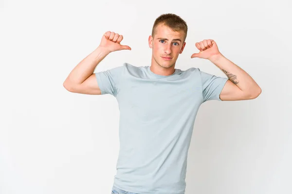 Young Caucasian Handsome Man Feels Proud Self Confident Example Follow — Stock Photo, Image