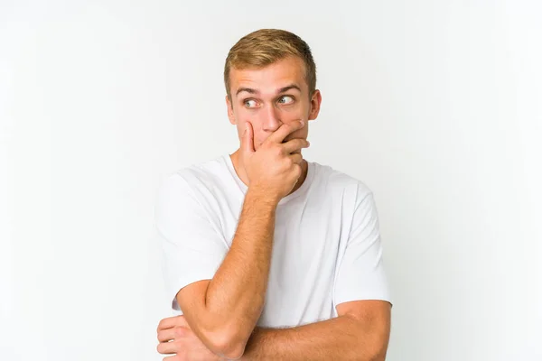 Young Caucasian Handsome Man Thoughtful Looking Copy Space Covering Mouth — Stock Photo, Image