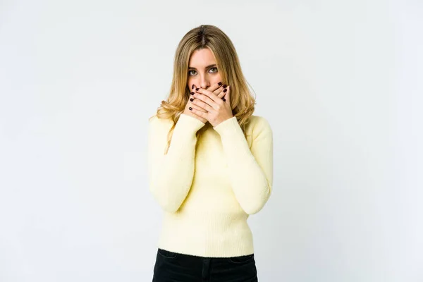 Young Caucasian Blonde Woman Covering Mouth Hands Looking Worried — Stock Photo, Image