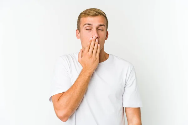 Young Caucasian Handsome Man Yawning Showing Tired Gesture Covering Mouth — Stock Photo, Image