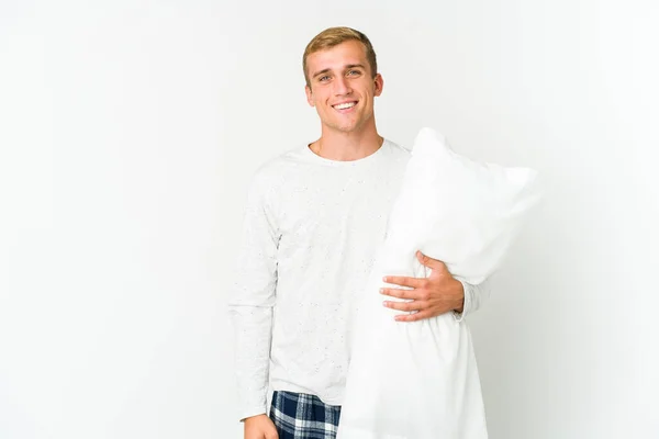 Young Caucasian Man Going Sleep Isolated White Background Feels Proud — Stock Photo, Image