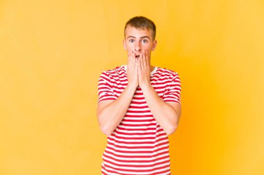 Genç, beyaz, yakışıklı adam şok olmuş, ağzı ellerle kaplanmış, yeni bir şey keşfetmek için sabırsızlanıyor..