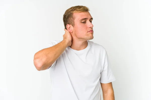 Young Caucasian Handsome Man Having Neck Pain Due Stress Massaging — Stock Photo, Image