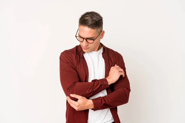 Young Caucasian Handsome Man Isolated Massaging Elbow Suffering Bad Movement — Stock Photo, Image