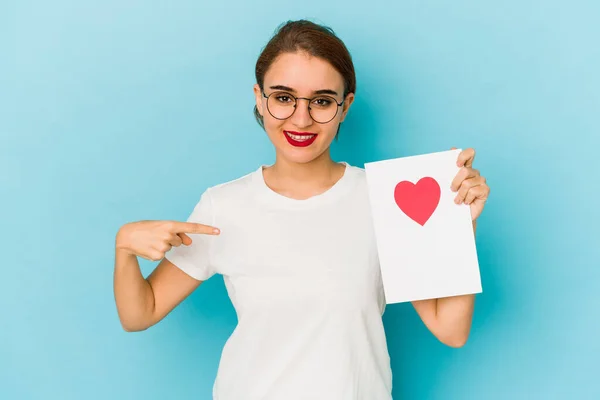 Jong Mager Arabisch Meisje Met Een Valentijnskaart Persoon Wijzen Met — Stockfoto